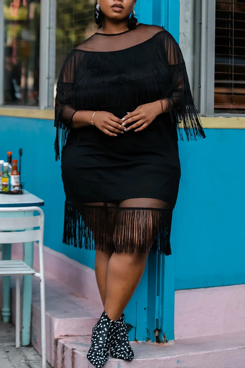 Plus Size Plain Midi Dresses Sheer Fringed