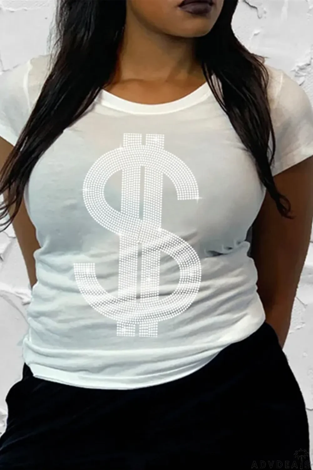 Black Fashion Casual Solid Split Joint Hot Drill O Neck T-Shirts