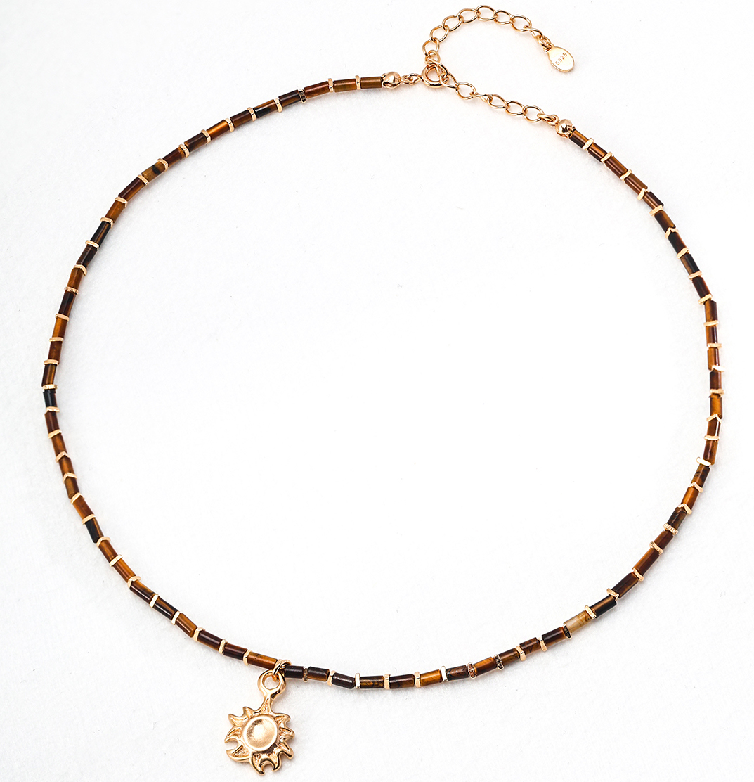 Sun Tiger Eye Stone Gold Plated Beaded Necklace