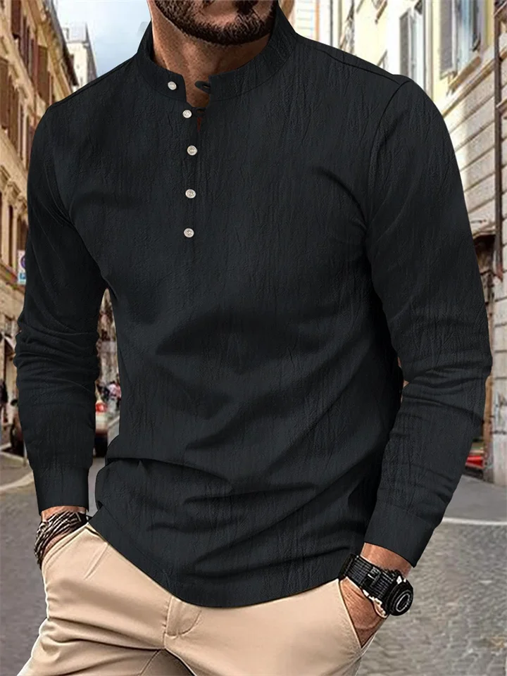 New Men's Retro Cotton and Linen Casual Henley Shirt Buttons Long-sleeved Collar T-shirt-JRSEE