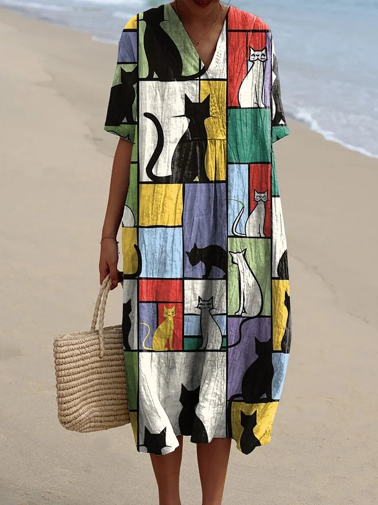 Women's Funny Cat Geometry Art Print Flowy Dress