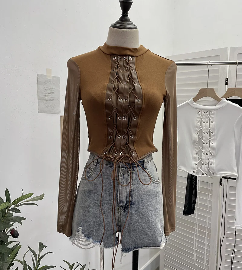 Zingj Real Shoot Spice Girls Strap Spliced Pu Skin Repair Slim Semi-High Collar Long Sleeve Top Short T-Shirt 8886
