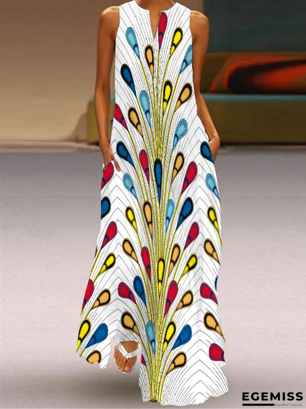 Digital Printed V-neck Sleeveless Dress Pocket | EGEMISS