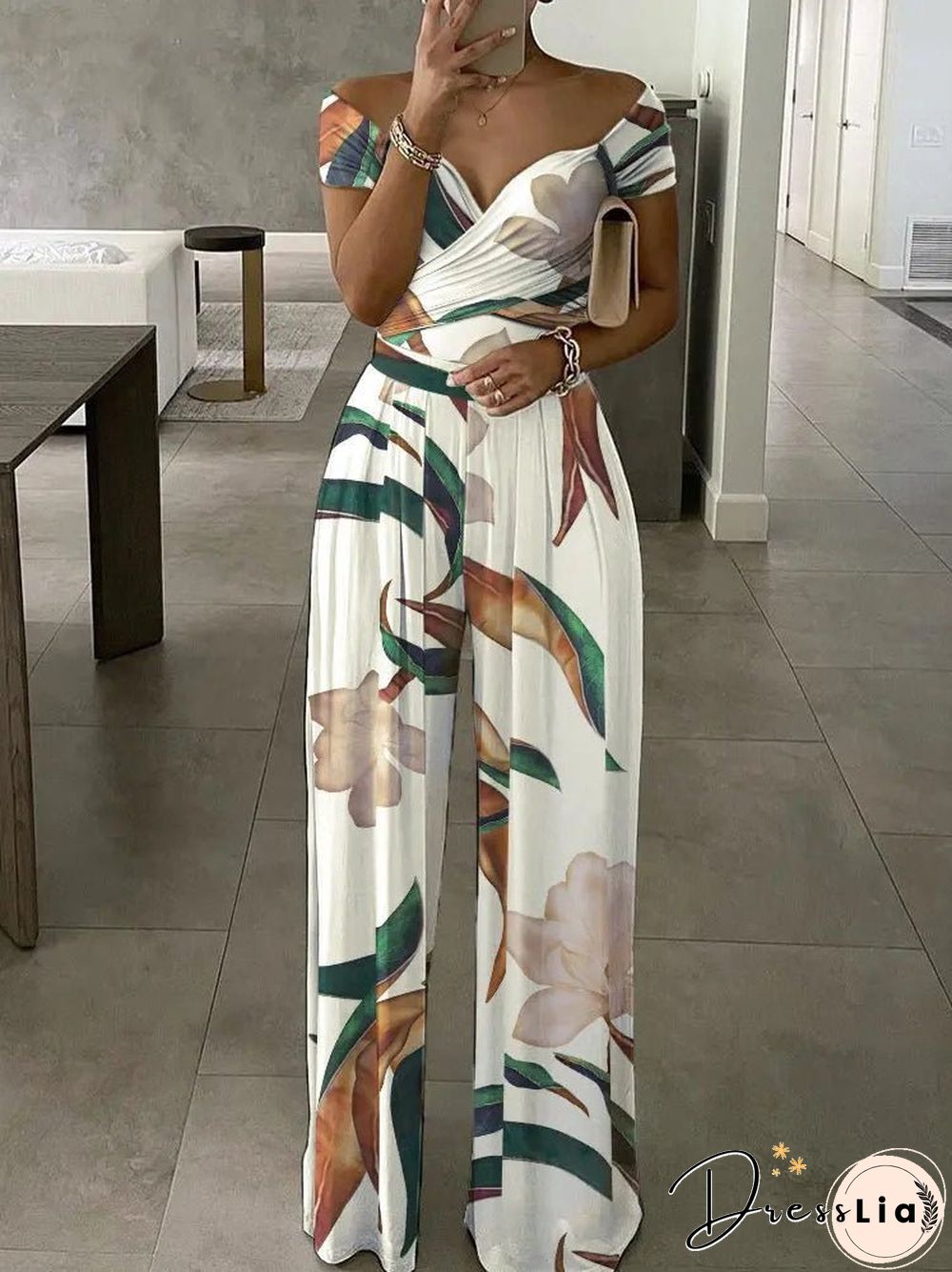 Women'S Jumpsuits V-Neck Botanical Print Slim Jumpsuit