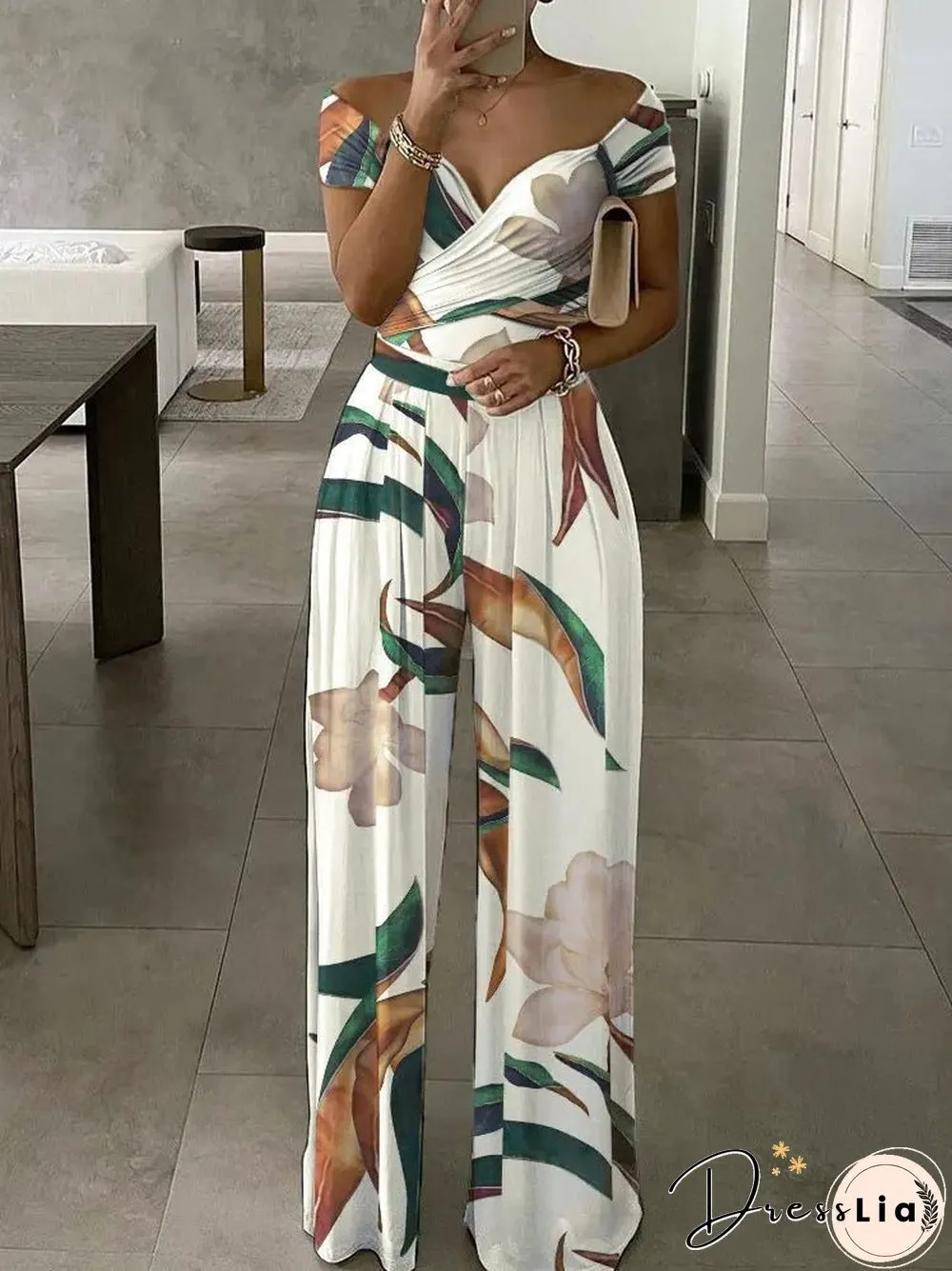 Women'S Jumpsuits V-Neck Botanical Print Slim Jumpsuit