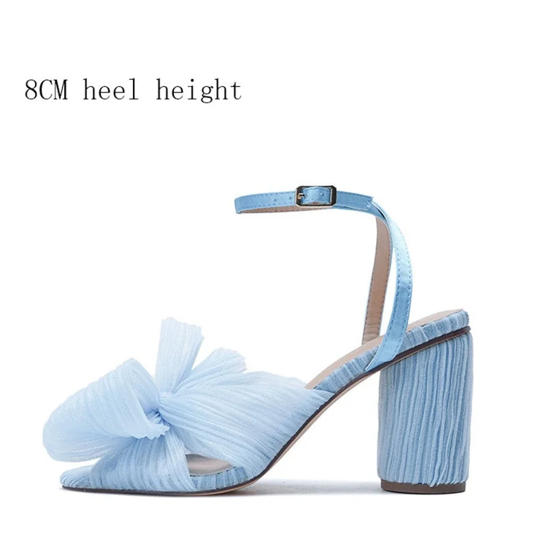 Women Sandals New Brand Summer Shoes Pleated Bow-Knot Round Heels Open Toe Dress Shoes Big Size Party Wedding Shoes