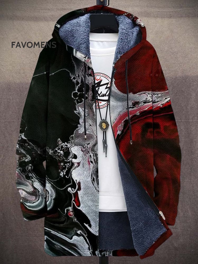 Black And Red Texture Unisex Plush Thick Long-Sleeved Sweater Cardigan Coat Multicolor / S