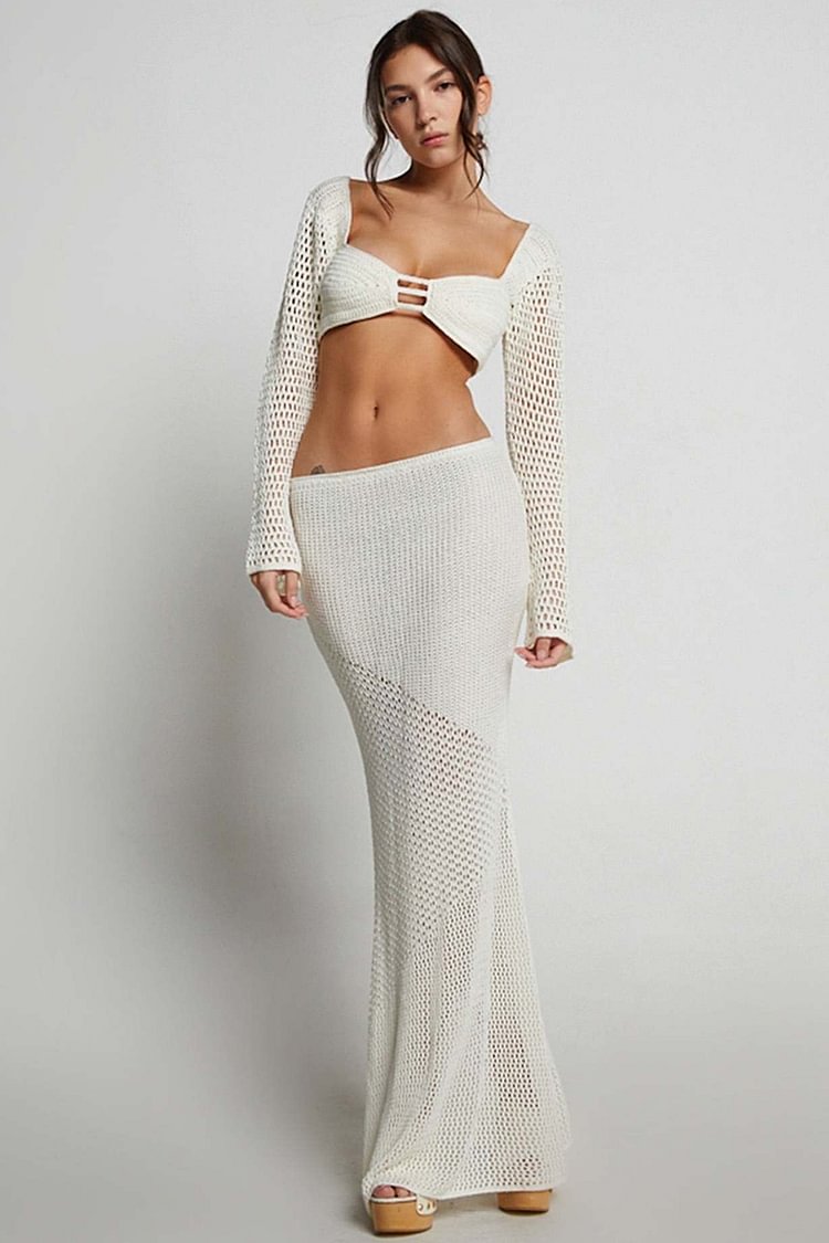 Long Sleeve Backless Crop Top Maxi Skirt See Through Knit Matching Set