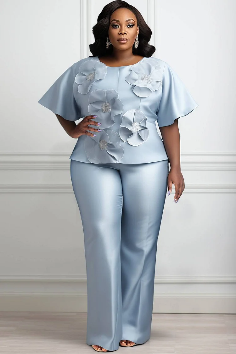 Xpluswear Design Plus Size Formal Light Blue Elegant Round Neck Short Sleeve 3D Satin Two Piece Pant Sets 2024 - Xpluswear