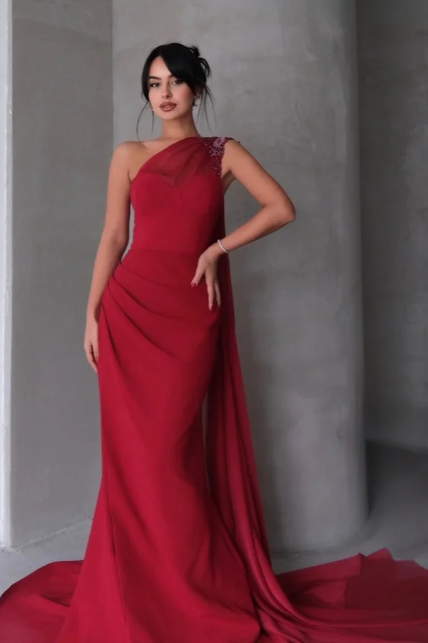 Miabel Glamorous Red Beaded Sleeveless Irregular Neck Long Prom Dress with Pleated   