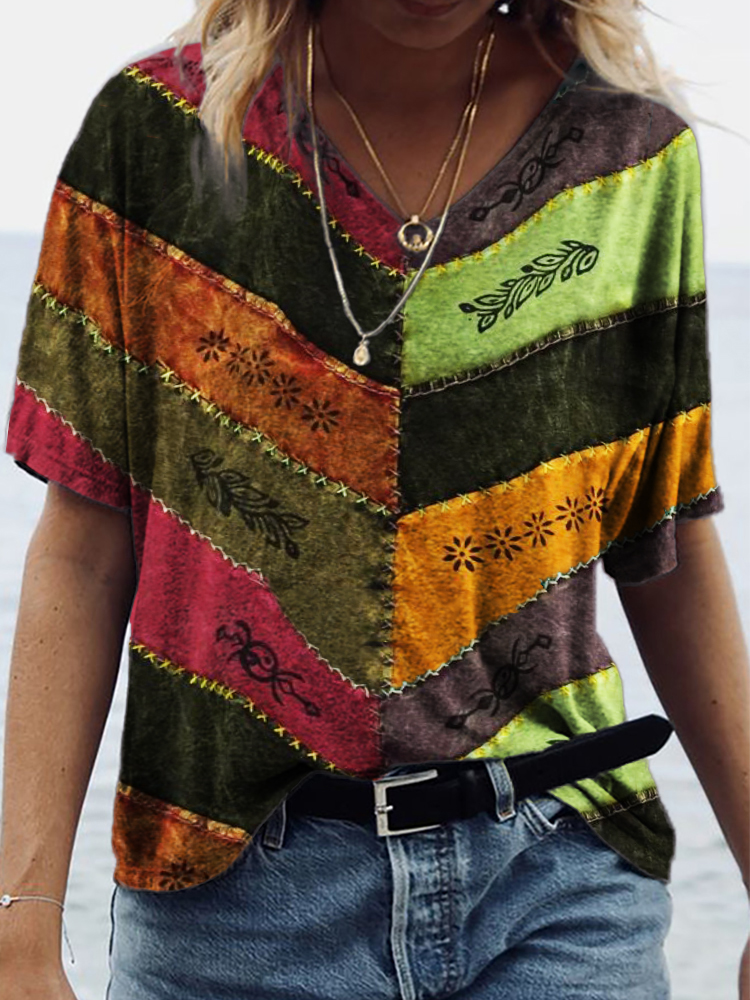  Ethnic Hippie Patchwork Art V Neck T Shirt Westsshops