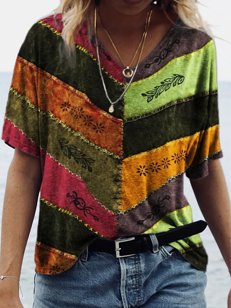 Ethnic Hippie Patchwork Art V Neck T Shirt