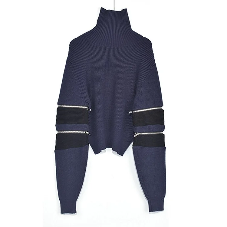 Urban Turtleneck Patchwork Zip-up Long Sleeve Sweater & Denim Waist Patchwork Knitted Zip-up Skirt Set