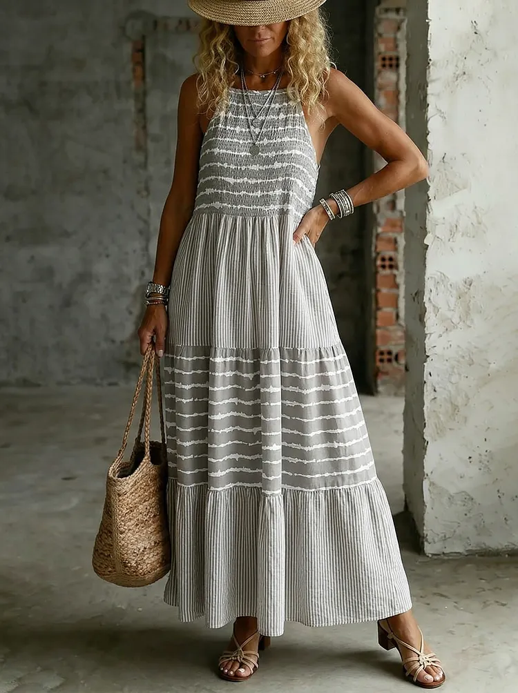 Women&rsquo;s Casual Striped Strap Pocket Cotton Maxi Dress