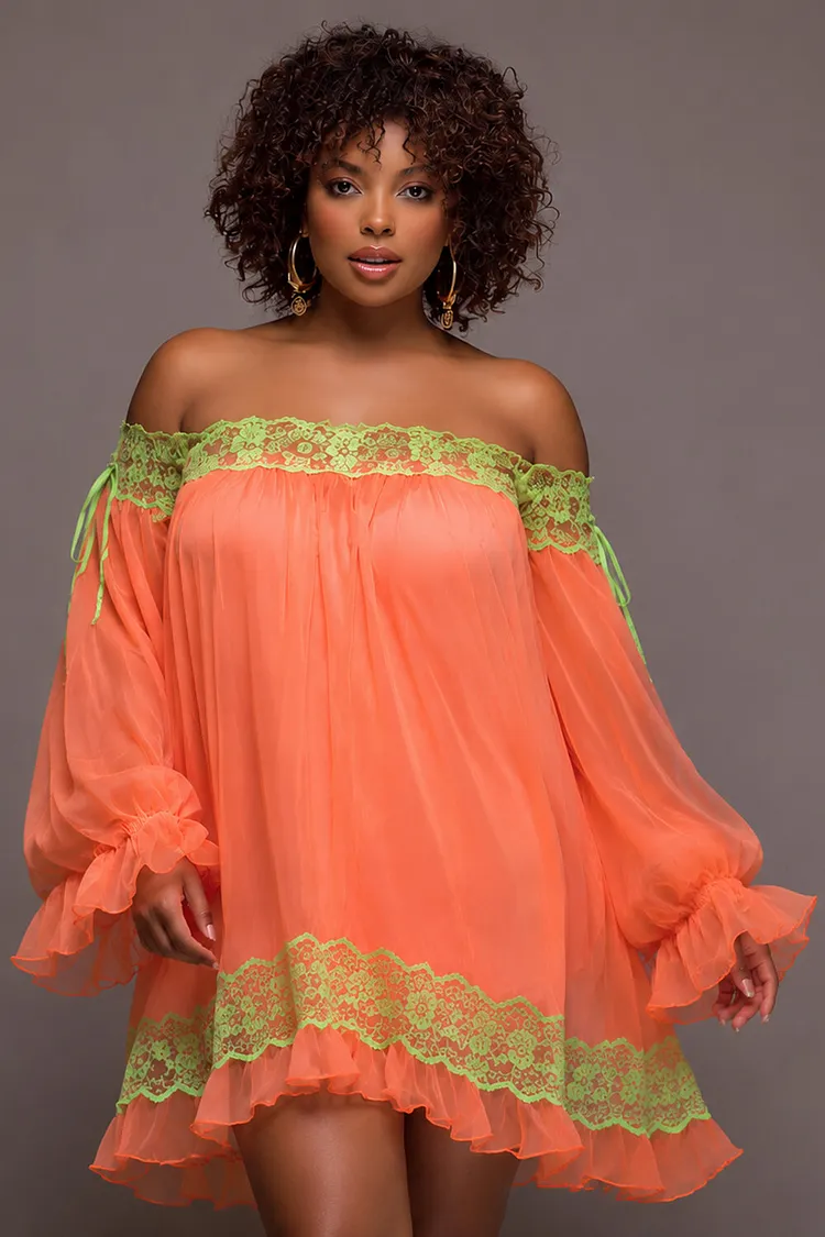 Xpluswear Design Plus Size Vacation Orange Off The Shoulder Lantern Sleeve Long Sleeve Ruffle Contrast Chiffon Mini Dresses [Pre-Order] 2024 - Xpluswear