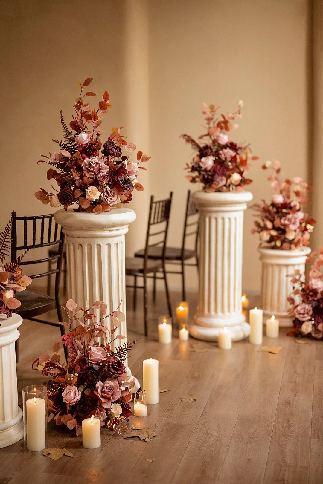 Free-Standing Flower Arrangements in Burgundy & Dusty Rose