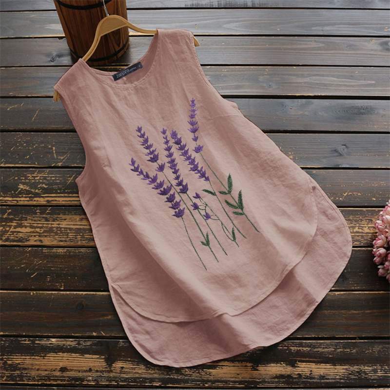 Women's Embroidery Tops 2020 Tank Blouse Casual Sleeveless Floral Blusas Female Asymmetrical Tunic 5XL