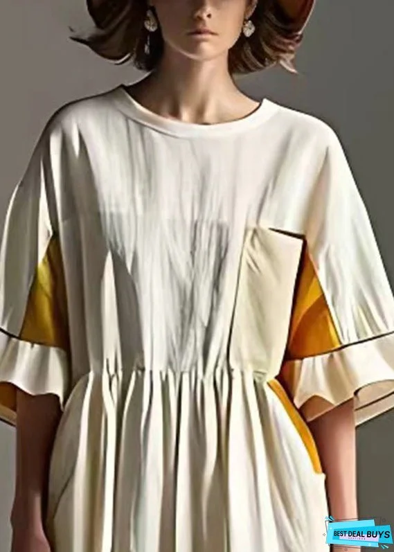 Women White Cinched Patchwork Cotton Vacation Dresses Summer