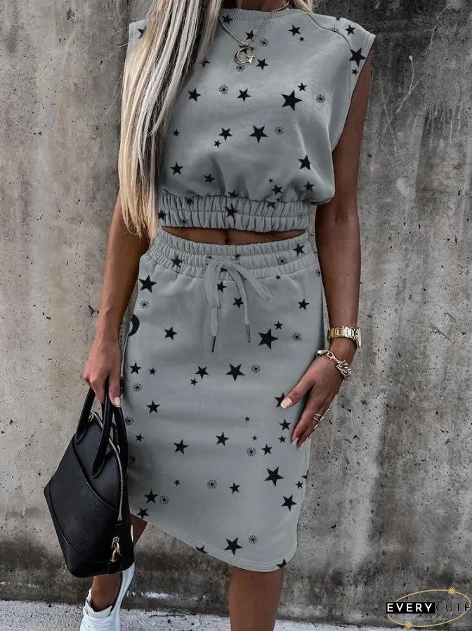 Casual Printed Sleeveless Drawstring Skirt Suit for Women