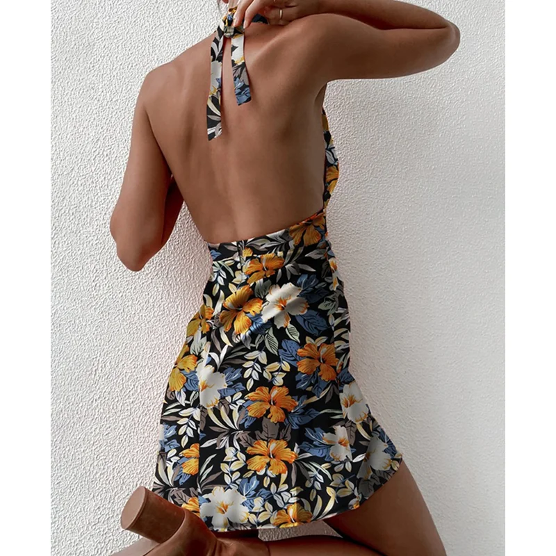 Women Floral Print Sleeveless Halter Neck Boho Deep V Neck Backless A Line Sundress Mini Dresses