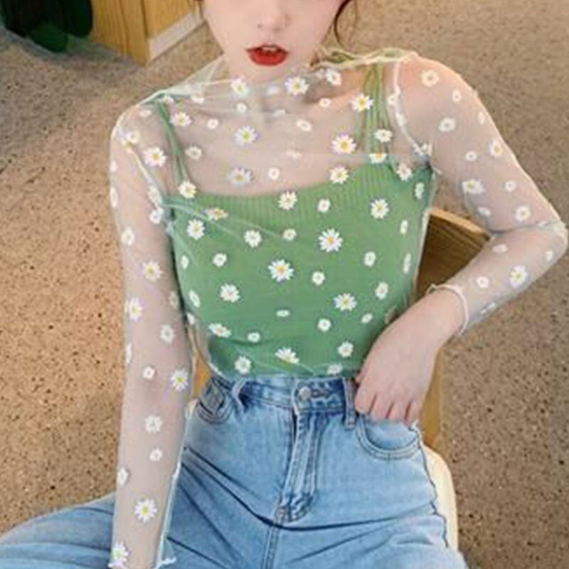 New small fresh summer daisy flower net cloth printed T-shirt Korean women long-sleeved fishnet T-shirt top Fashion sun protecti