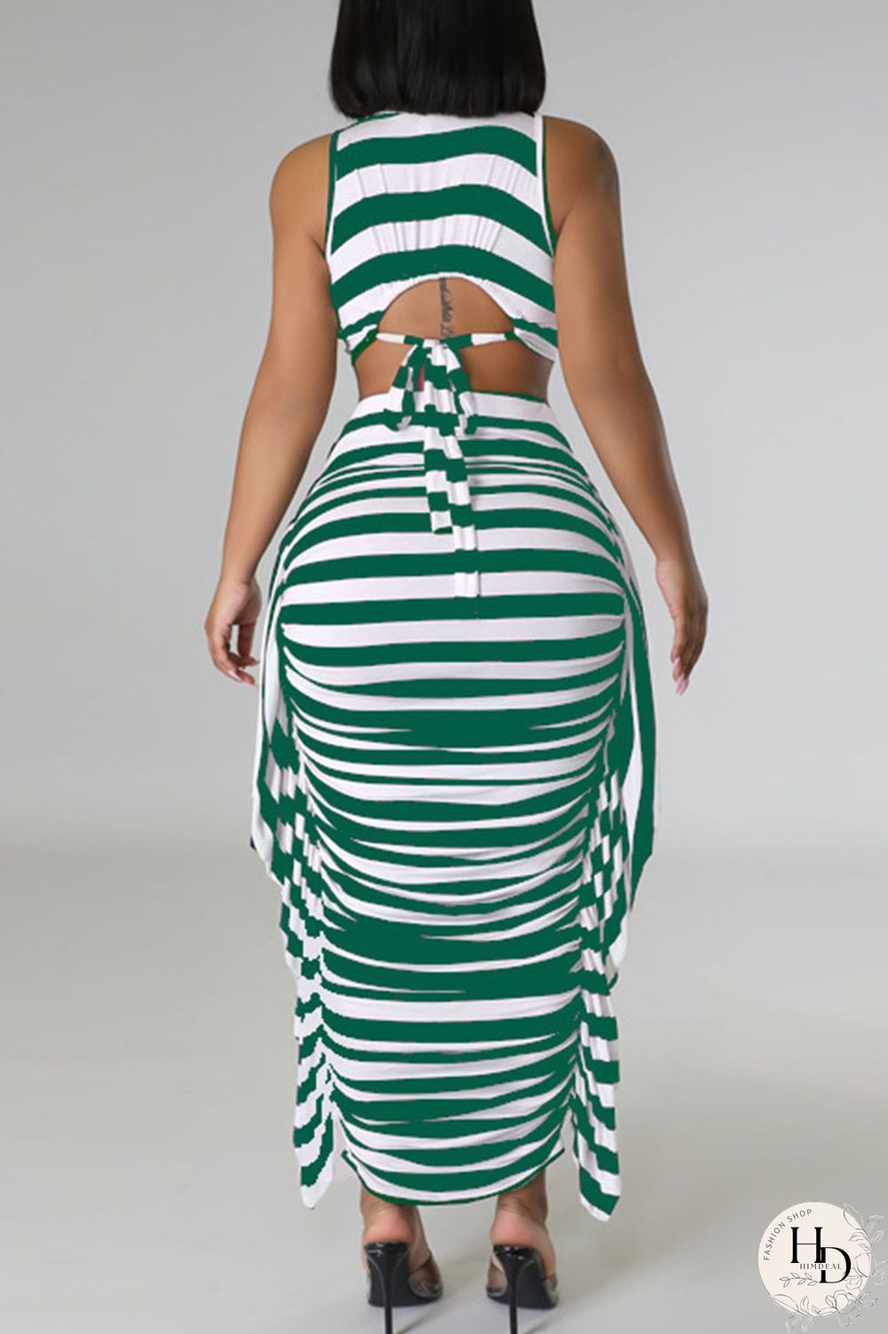 Red Casual Striped Print Patchwork Flounce O Neck Sleeveless Two Pieces