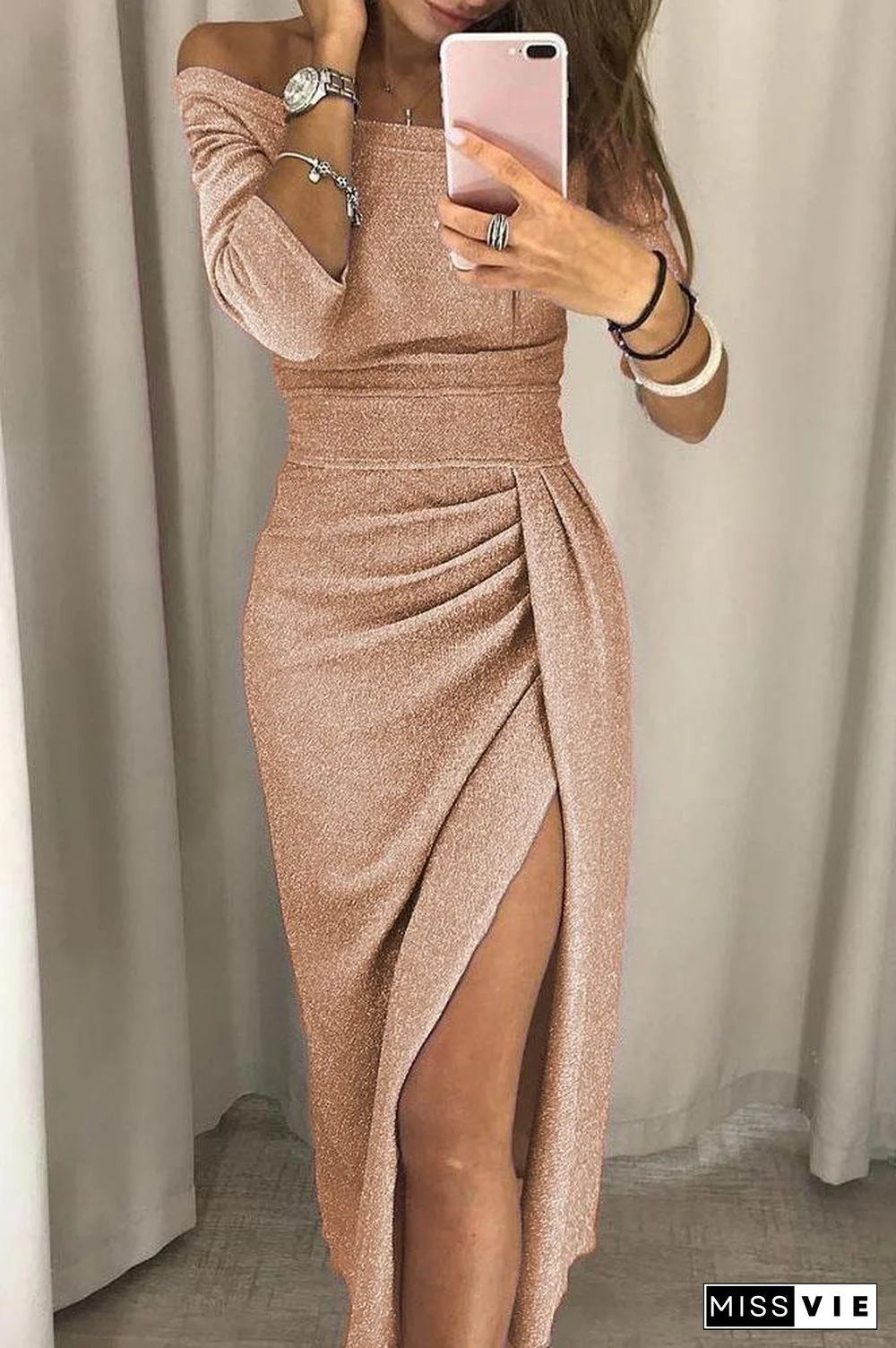 A-line Neck Sequin Slit Wrap Dress