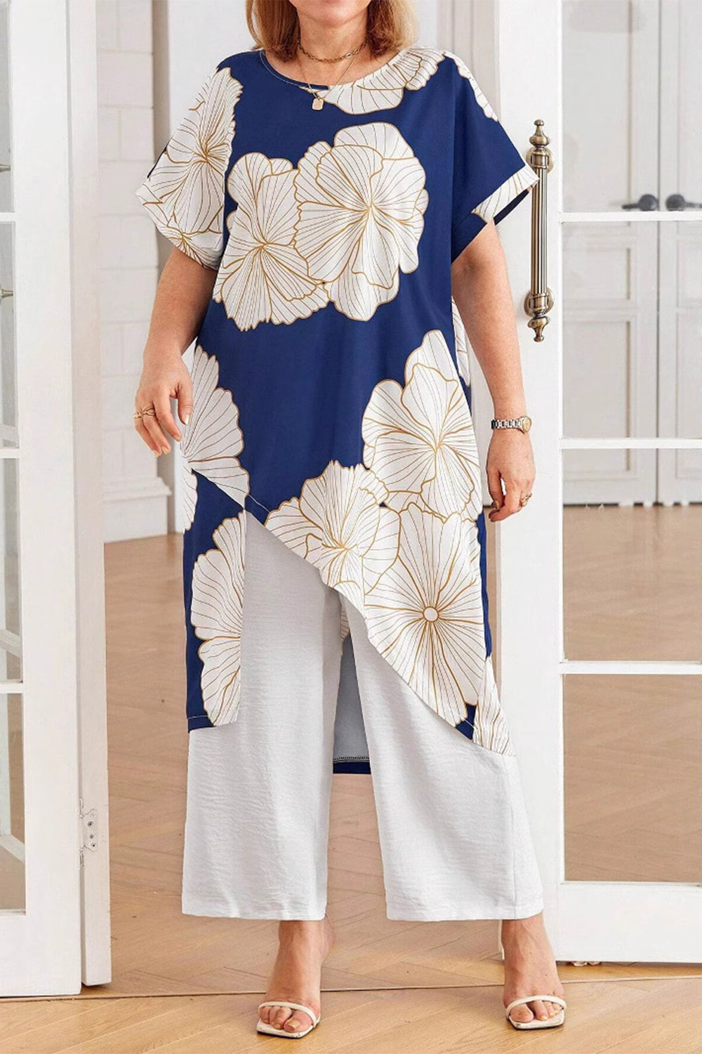 Plus Size Everyday Navy Blue Floral Print Asymmetrical Hem Wide Leg Two Piece Pant Suit 2024 - Flycurvy 