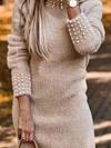 Simple Beaded Decorate High-Neck Tight Keep Warm Sweater Mini Dress