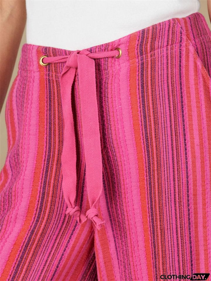 Summer Beach Drawstring Stretchy Stripe Straight Leg Pants for Women