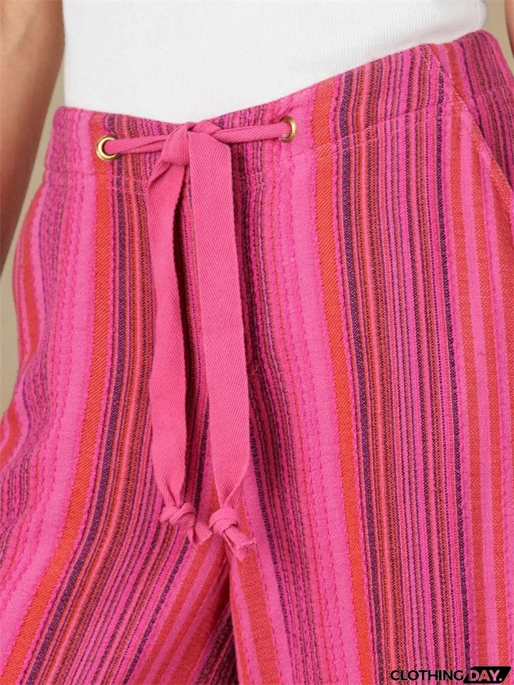 Summer Beach Drawstring Stretchy Stripe Straight Leg Pants for Women