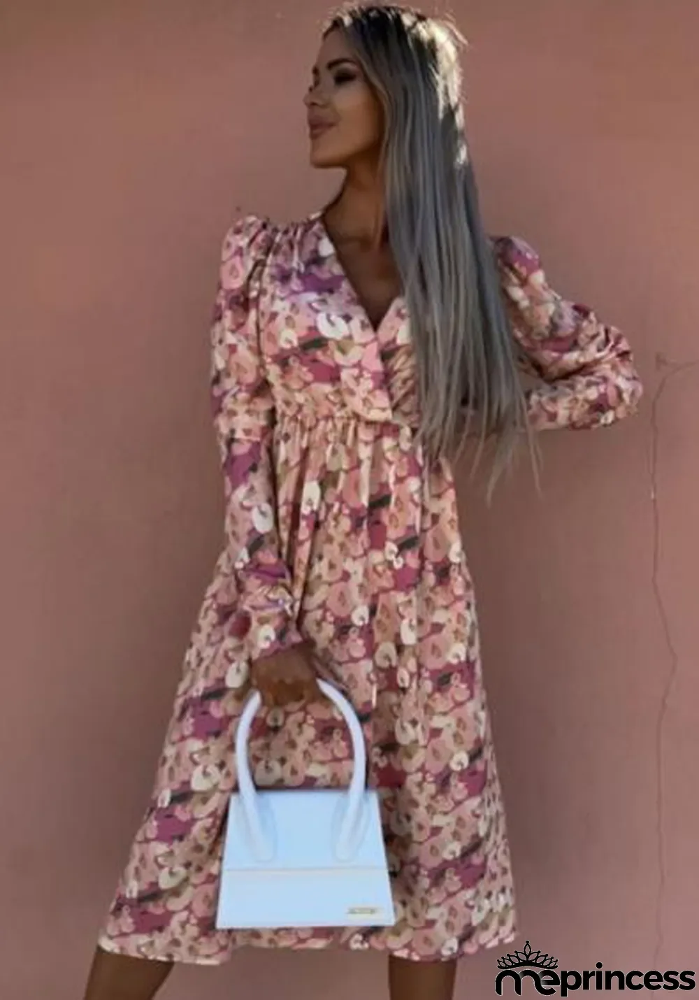 Women Summer Printed Casual V-neck Full Sleeves Floral Print Ripped Midi Loose Shirt Dress