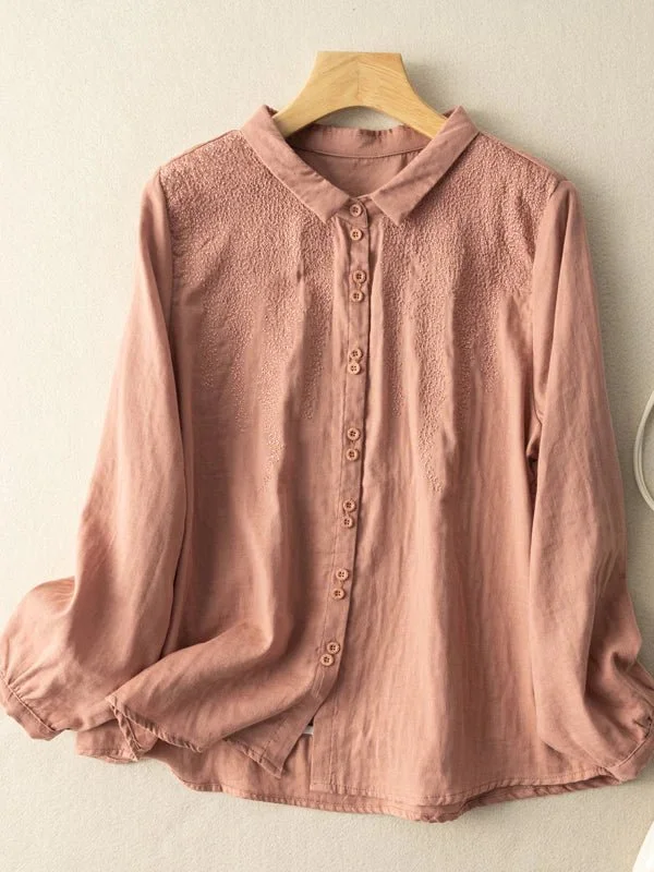 Embroidered Long Sleeve Casual Linen Shirt Top