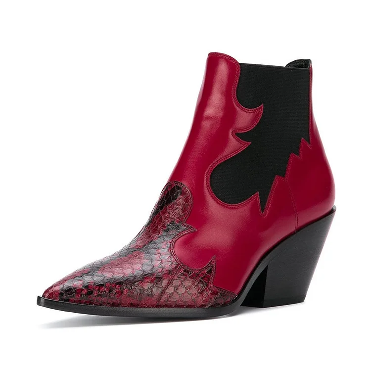 Red Pointed Toe Snakeskin Western Booties Chunky Heel Ankle Boots |FSJ Shoes
