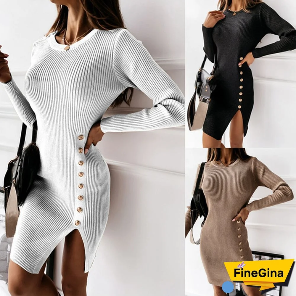Autumn Winter Dress Fashion Solid O-neck Knitted Long Sleeve Buttons Split Bodycon Women Dresses