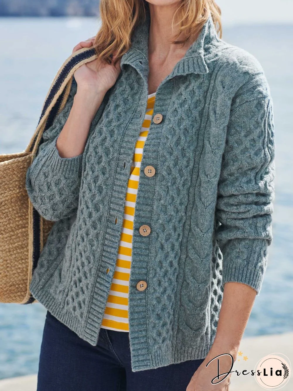 Wool/Knitting Loose Plain Texture Jacquard Shawl Collar Sweater Coat