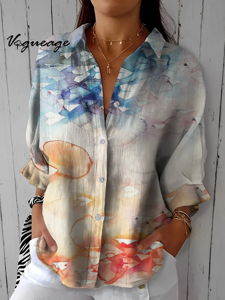Simple Gentle And Intellectual Paper Airplane Printed Cotton And Linen Shirt
