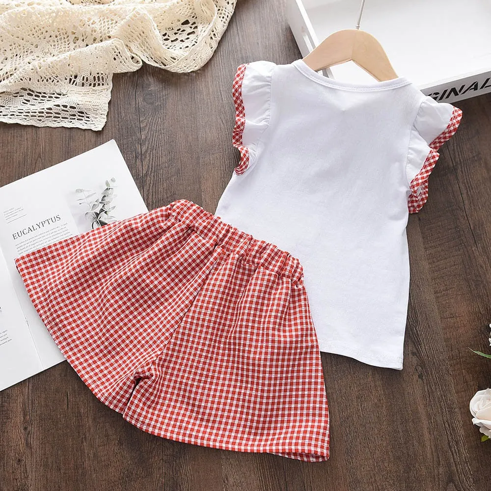 Bear Leader Baby Girl Clothes Suit 2022 New Summer Love Plaid Print Toddler Girl Clothes T-shirt Tops Waistband Pants Set 2-6Y