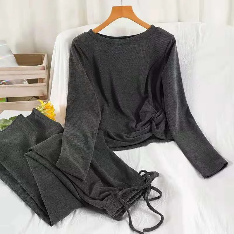 Winter Knitting Pants Set Women O Neck Casual Pullover+pockets High Waist Pants Vintage Streetwear Women 2 Piece Set Tracksuit