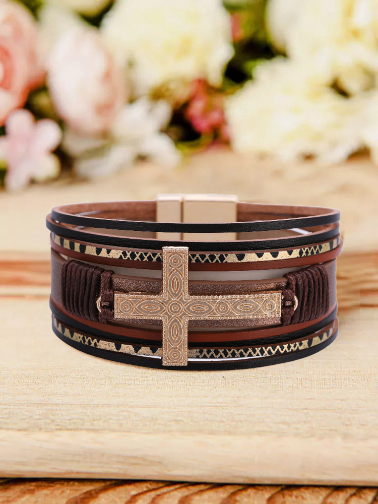 Retro Multilayer Cross Embossed Magnetic Bracelet wearshes