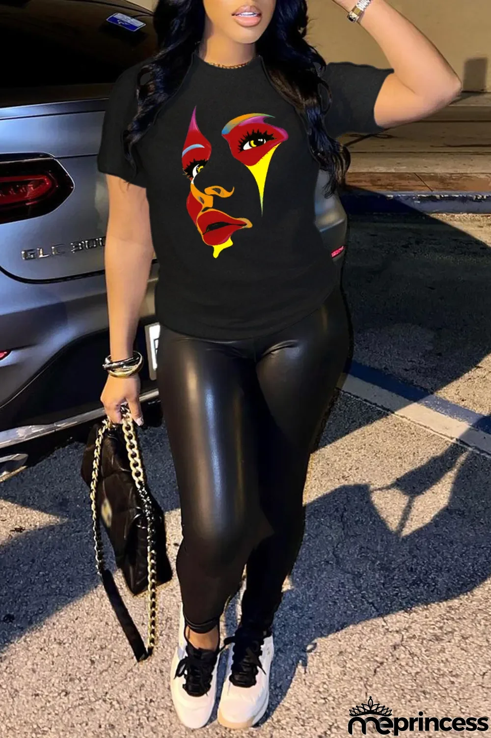 Black Street Print Patchwork O Neck T-Shirts