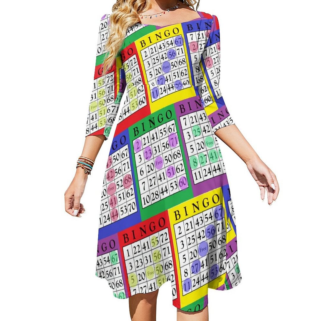 Winning Bingo Cards Womens Dress Sweetheart Tie Back Flared 3/4 Sleeve Midi Dresses