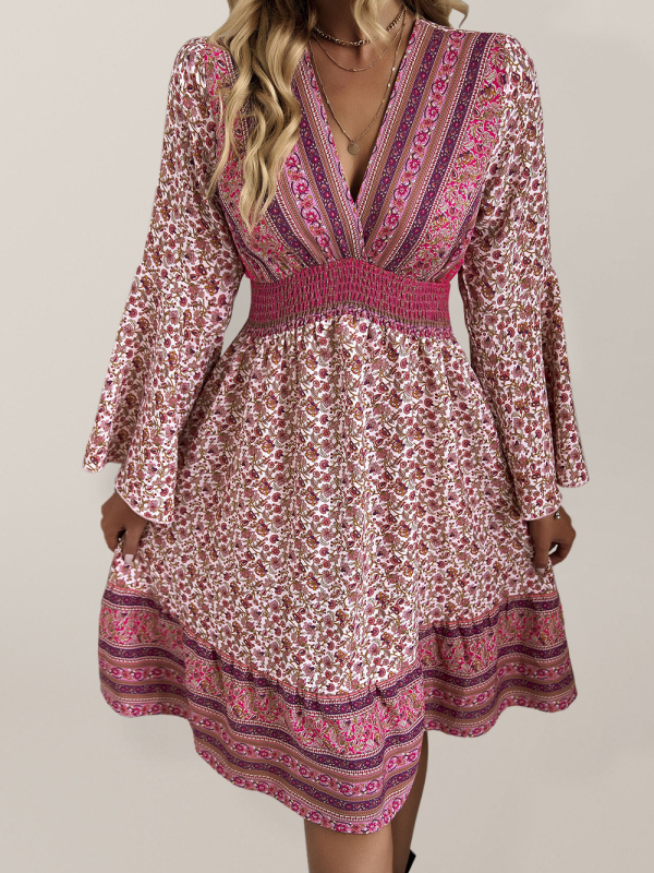Mature Women Casual Summer V Neck Long Sleeve Bohemian Long Sleeve Short Dress