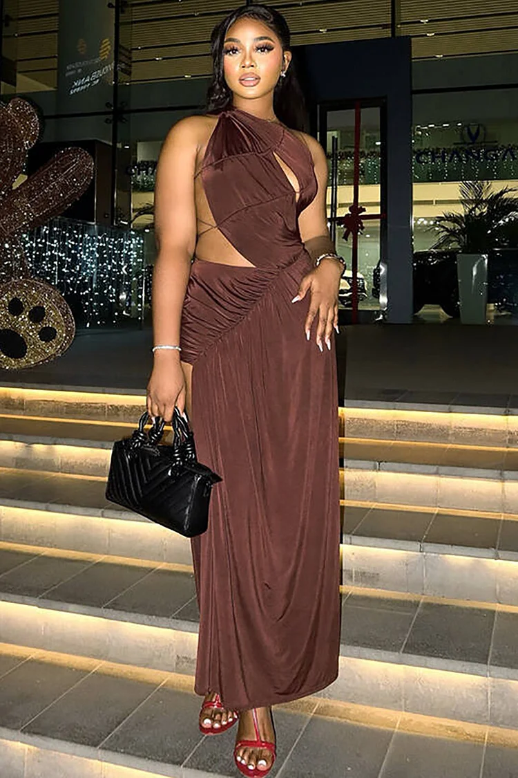 Solid Color Cutout Ruched Sleeveless Open Back Slit Maxi Dresses-Brown