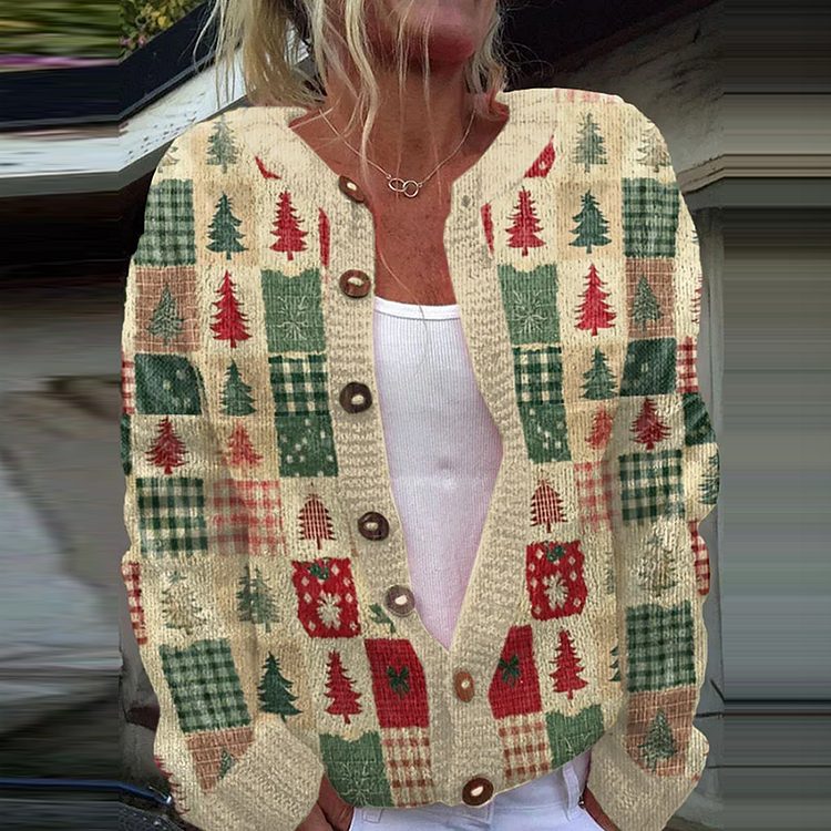 Vintage Christmas Tree Printed Comfortable Sweater Knit Cardigan