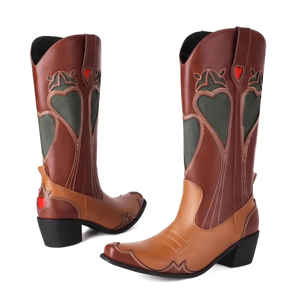 Tan & Brown Block Heel Patchwork Mid Calf Snip Toe Western Boots
