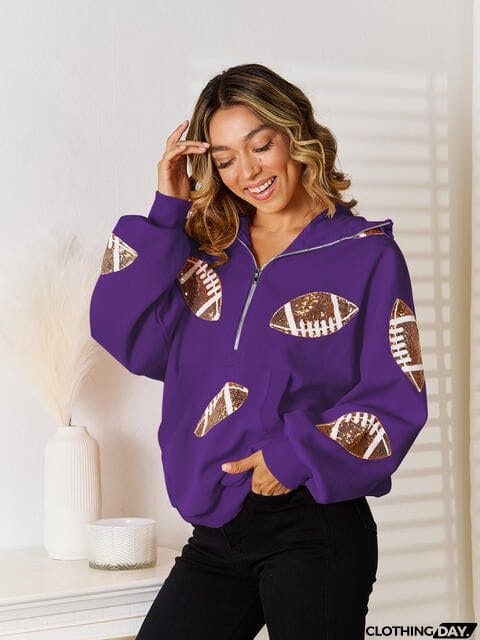 Sequin Football Patch Hal-Zip Hoodie