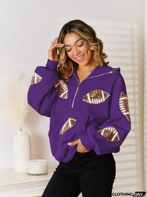 Sequin Football Patch Hal-Zip Hoodie