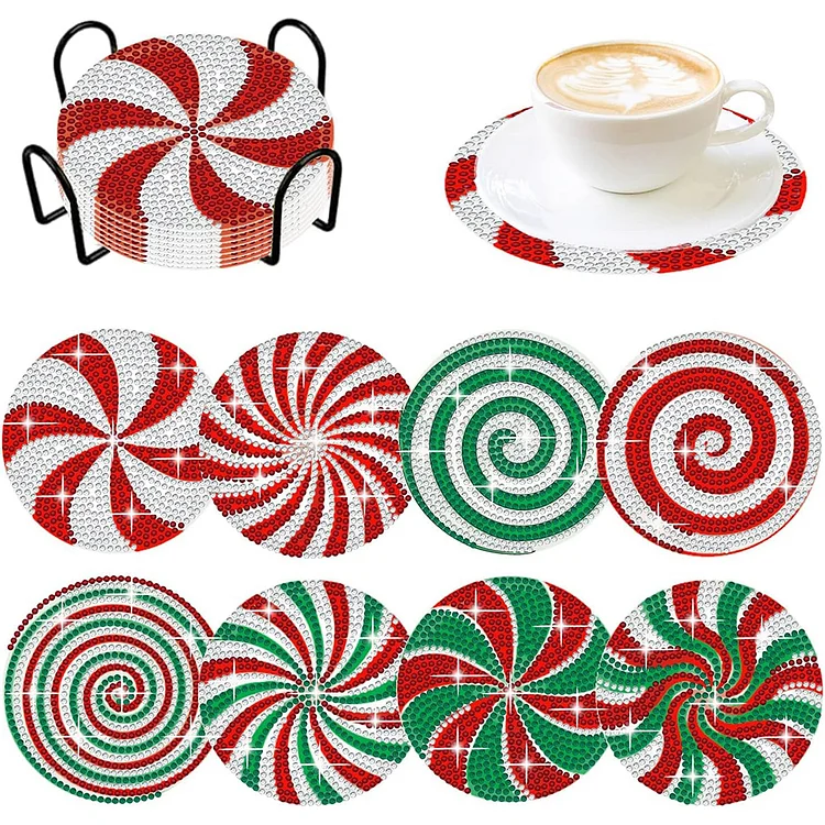 8PCS Diamond Painting Art Coaster Kit with Holder Christmas Daze Christmas Candy