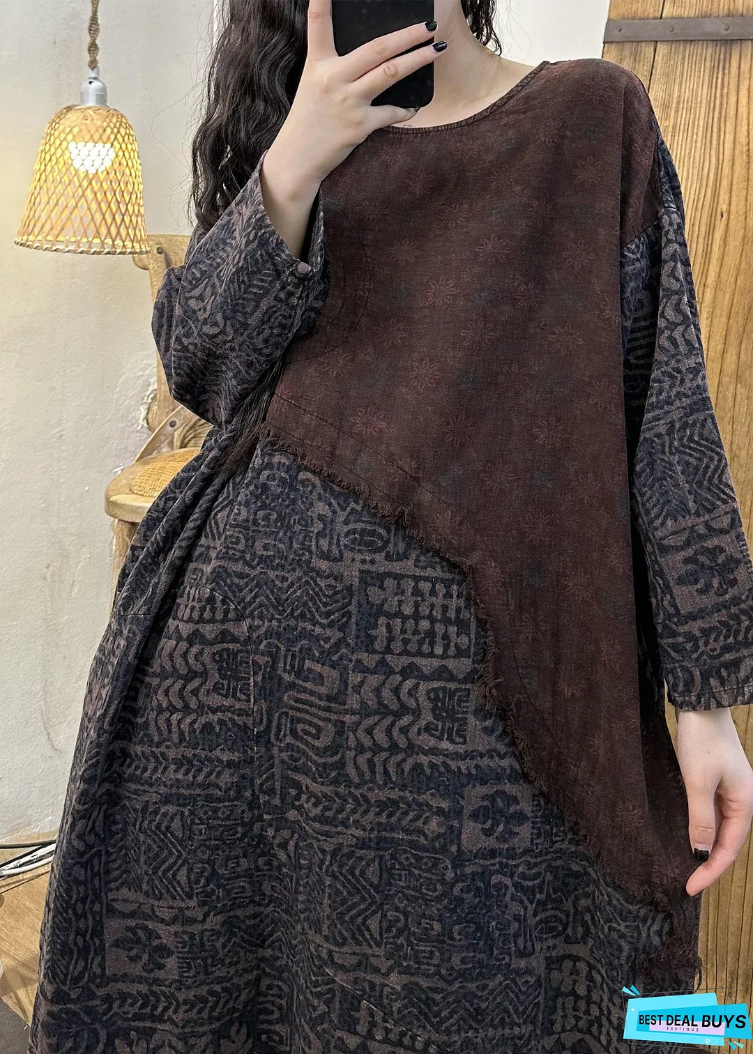 Retro Green Patchwork Print Long Dress Long Sleeve